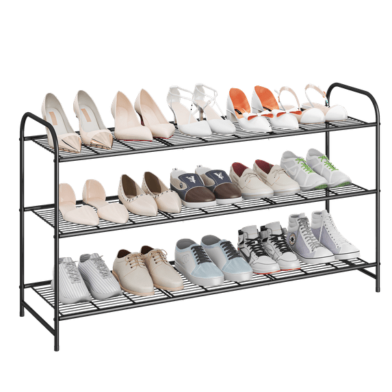 Simple Trending 3-Tier(15Pairs) Long Wired Shoe Rack, Shoe Organizer for Bedroom Floor, Black