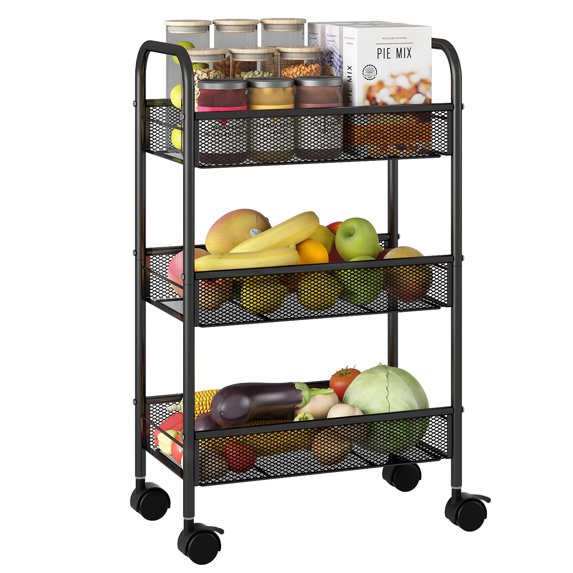 Simple Trending 3-Tier Mesh Rolling Kitchen Storage Cart, Black