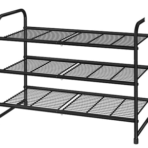 Simple Trending 3 Tier Stackable Shoe Rack, Expandable Adjustable Shoe Shelf Storage Organizer, Wire Grid, Black