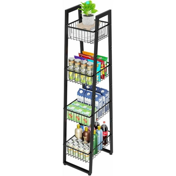 4 Tier Wire Market Basket Standw, Fruit Basket Storage Stand for Vegetables, Bread, Onions, Potatoes, Black