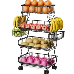 Simple Trending 4 Tier Rolling Cart, Stackable Fruit Vegetable Basket with Wheels and 2 Hanging Basket, Kitchen Storage Metal Wire Basket Stand for Vegetable Snacks, Black