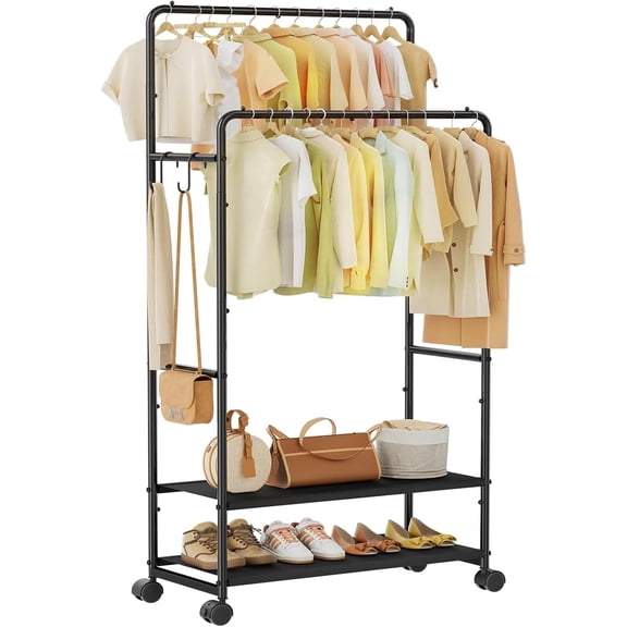 Simple Trending Clothing Clothes Rack Double Rods with Wheels, Rolling Metal Garment Rack for Hanging, Black