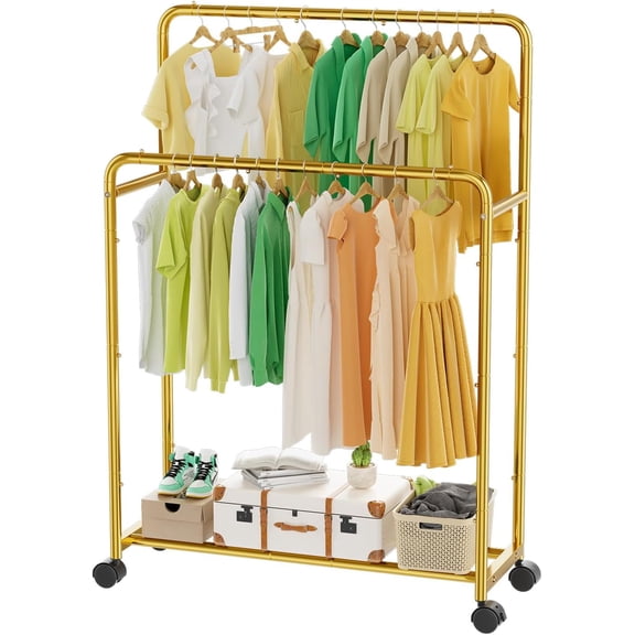 Simple Trending Clothing Clothes Rack Double Rods with Wheels, Rolling Metal Garment Rack for Hanging, Black