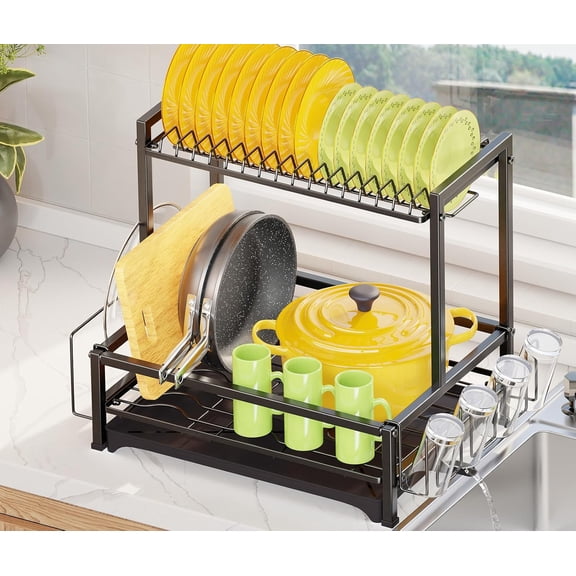 Simple Trending Dish Rack Over the Sink, 2-Tier Dish Drying Rack, Stainless Steel Dish Drainer for Kitchen Counter, Black