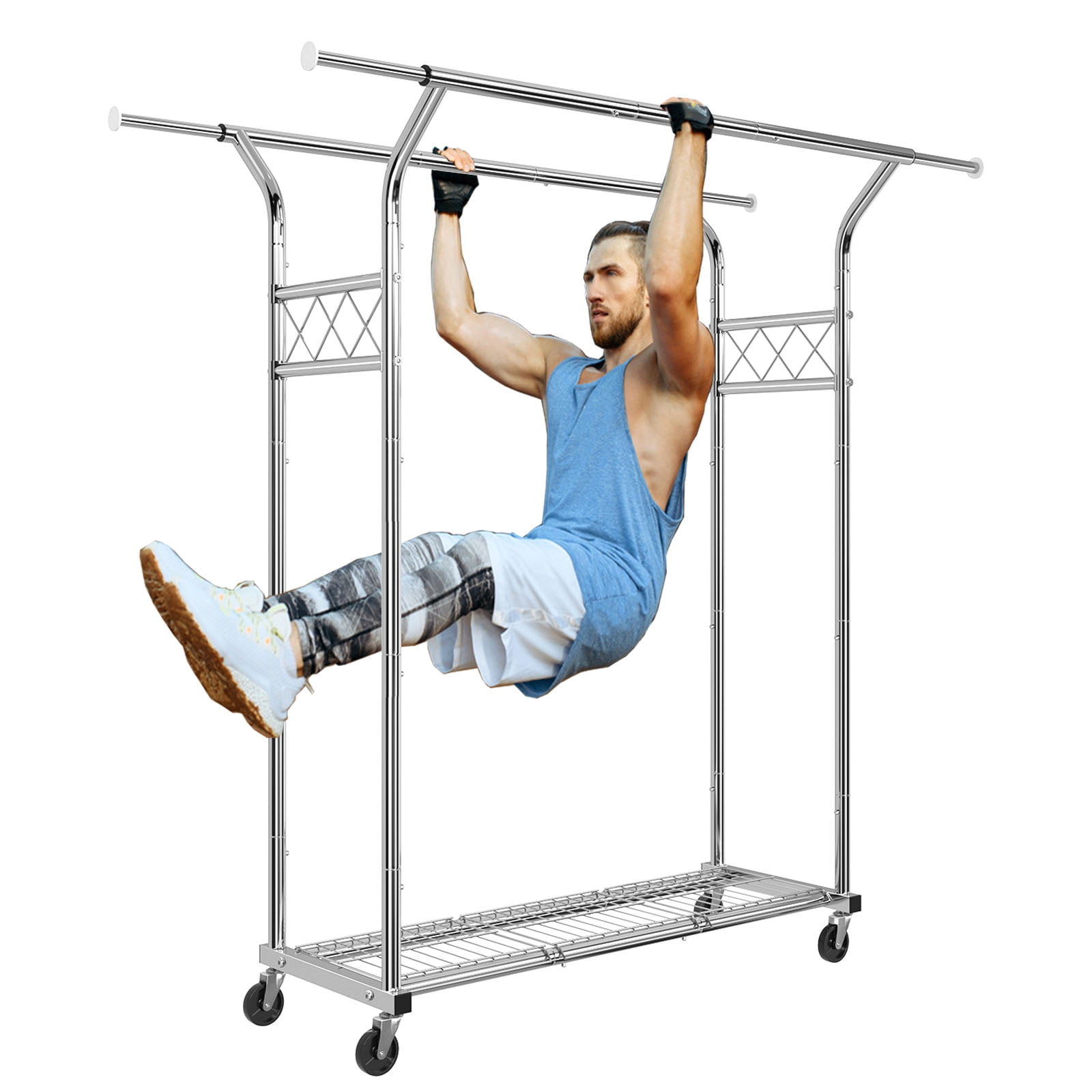 Simple Trending Double Rod Clothing Garment Rack, Wheels Rolling