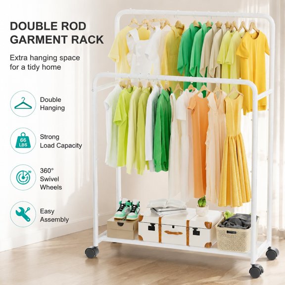 Simple Trending Double Rod Rolling Clothes Rack with Wheels, White Metal Garment Rack for Home Organization and Easy Hanging