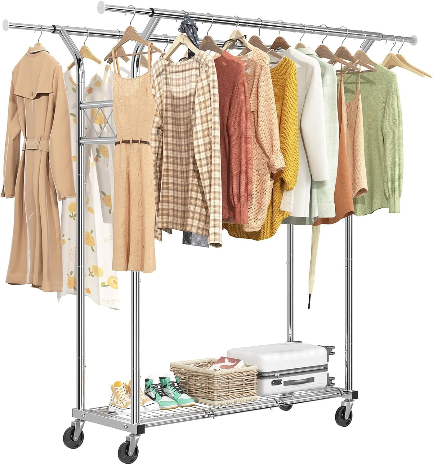 Simple Trending Heavy Duty Double Rod Clothes Rack Load 450 LBS Metal Commercial Garment Rack Standing Rolling Clothing Rack for Hanging Clothes with Sturdy Wheels Shelves Chrome Walmart