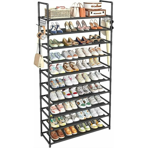 Simple Trending Narrow Shoe Rack with Cover, 10 Tier Shoe Organizer Storage, Tall Free Standing Shoe Cabinet Holds 20 Pairs for Closet, Black