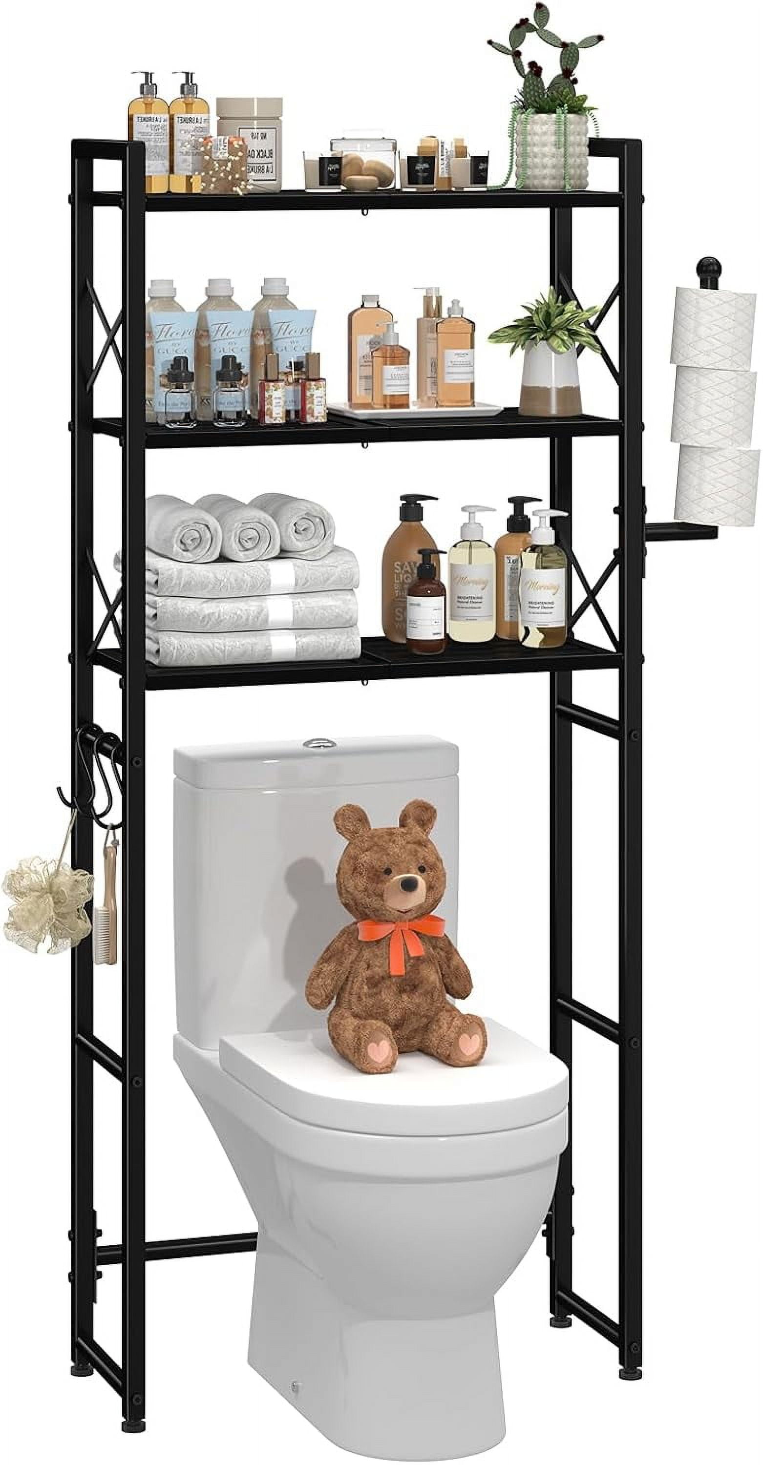 MallCreaty Over The Toilet Storage, 3 Tier Bathroom Organizer Shelf With X-Shaped Bar, Above Toilet Storage Rack With 4 Hooks, Black