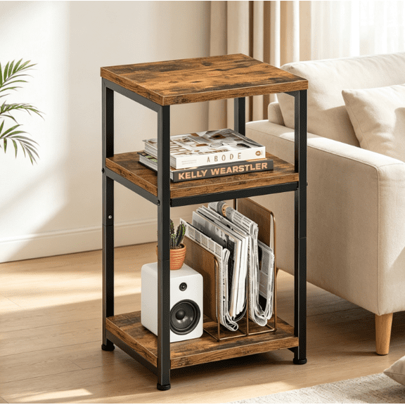 Simple Trending Side Table, End Table Night Stand, 3 Tiers Shelf for Living Room, Rustic Brown