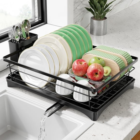 Simple Trending Stainless Steel Dish Drying Rack for Kitchen Counter, Space-Saving Dish Drainer with Utensil Holder and Drainboard, 12''W x 17''L, Black, Compact & Durable Design