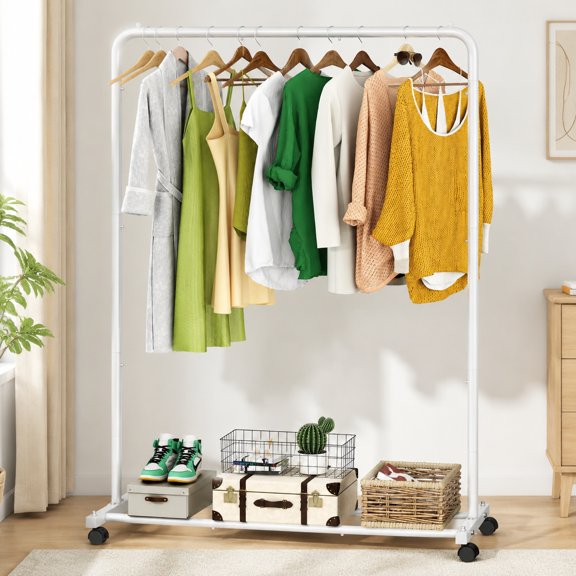 Simple Trending Standard Clothes Rack with Storage Shelves, Rolling Garment Organizer on Wheels for Hanging Clothes, White, Space-Saving Wardrobe Rack for Bedroom and Closet