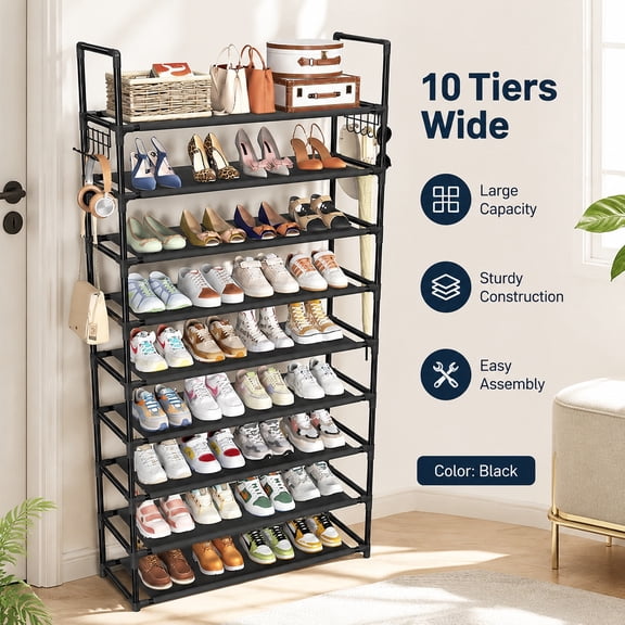 Simple Trending Tall Shoe Rack Storage Holds 40 Pairs, 10 Tier Large Capacity Shoe Organizer Shelf for Entryway, Closet, Bedroom, Black Durable Metal Frame