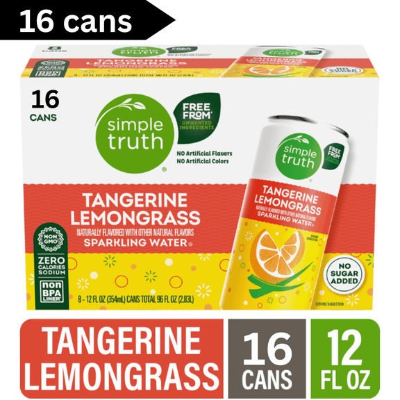 Simple Truth Canned Lemon Lime Sparkling Seltzer Water, 12 fl oz Cans, 16 Pack, Refreshing Naturally Flavored Beverage, Zero Calories, Caffeine Free