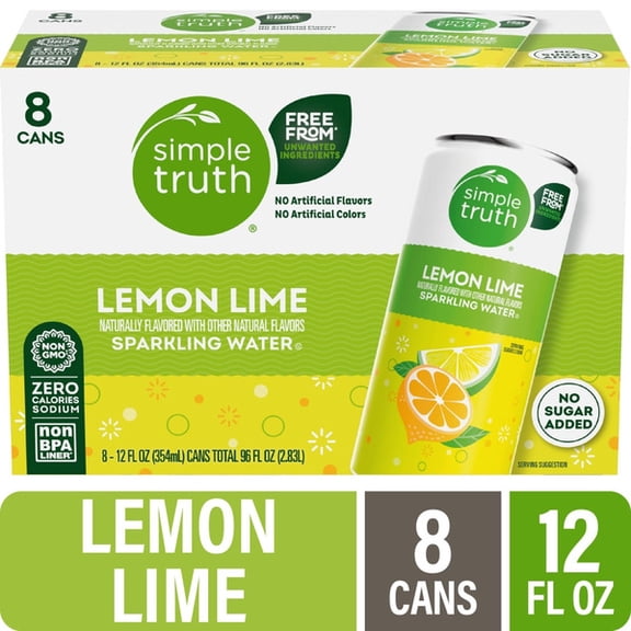 Simple Truth Canned Lemon Lime Sparkling Seltzer Water, 12 fl oz Cans, 8 Pack, Refreshing Naturally Flavored Beverage, Zero Calories, Caffeine Free