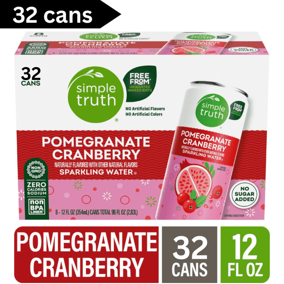 Simple Truth Canned Pomegranate Cranberry Sparkling Seltzer Water, 12 fl oz Cans, 32 Pack, Refreshing Naturally Flavored Beverage, Zero Calories, Caffeine Free