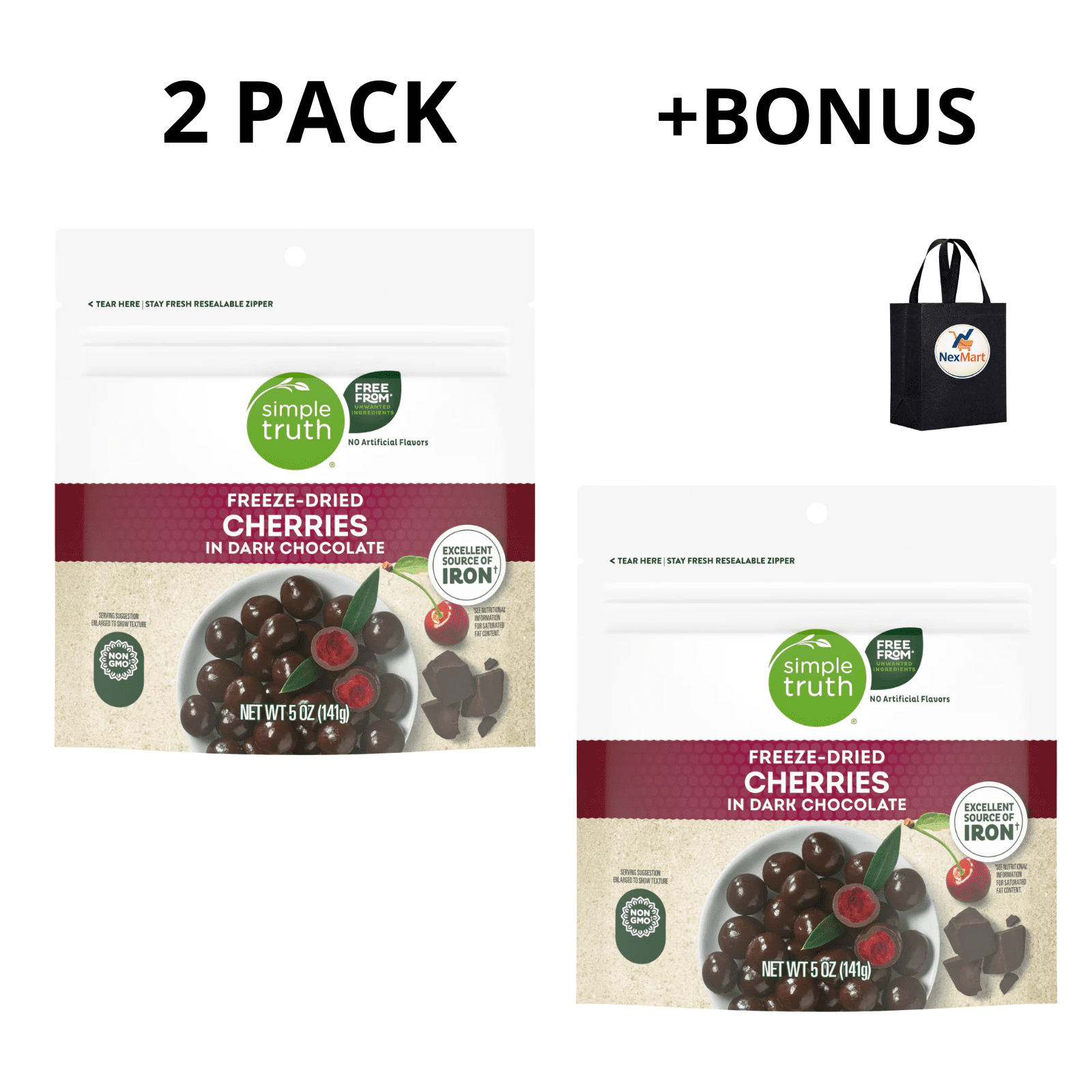 Simple Truth Freeze-Dried Cherries in Dark Chocolate, Excellent Source of Iron, Non-GMO, 5 oz , 2 Pack + Bonus