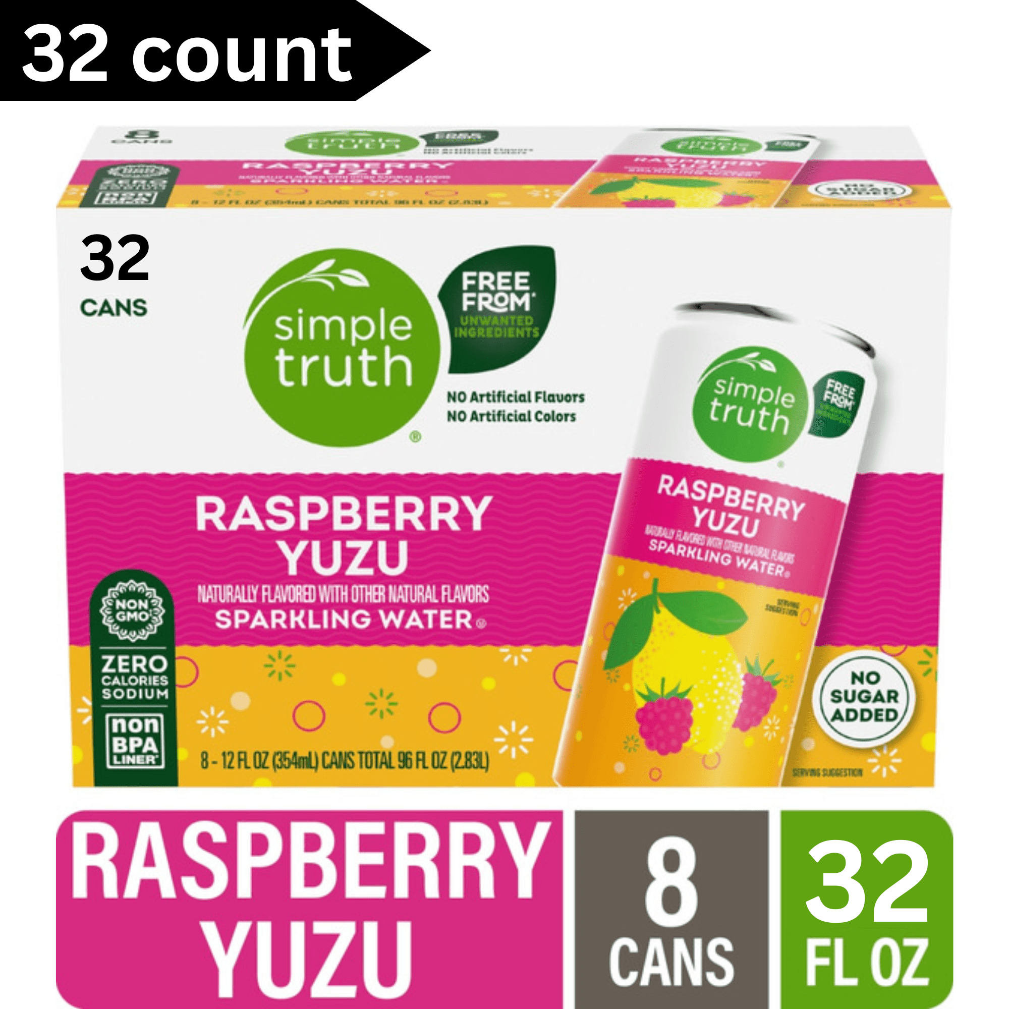 Simple Truth Naturally Flavored Raspberry Yuzu Seltzer Water, 12 fl oz Cans, 32 Pack, Refreshing Sparkling Water, Zero Calories, Caffeine Free