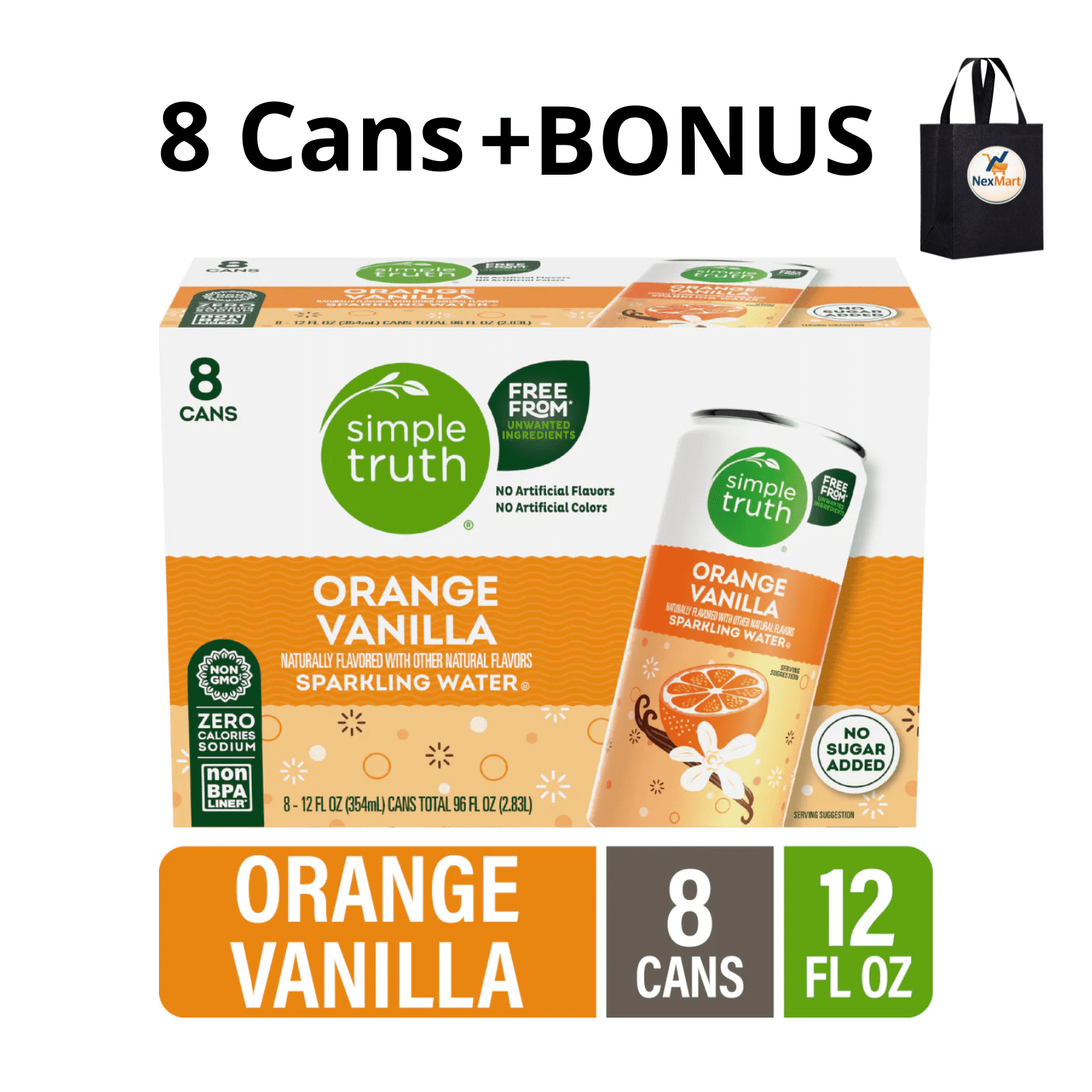 Simple Truth Orange Vanilla Sparkling Water, Zero Calories, No Sugar Added, 12 fl oz , 8 Cans + Bonus