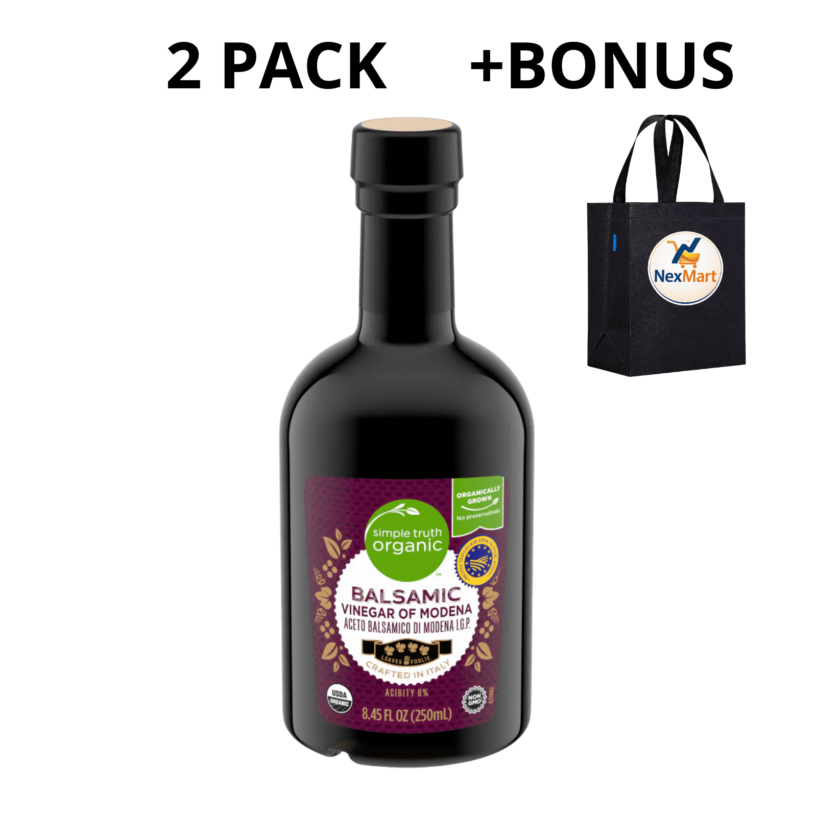 Simple Truth Organic Balsamic Vinegar of Modena, Crafted in Italy, 6% Acidity, 8.45 fl oz (250mL) , 2 Pack + Bonus