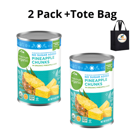 Simple Truth Organic Canned Pineapple Chunks No Sugar Added in Pineapple Juice 14 oz 2 PK+ Reusable Tote Bag