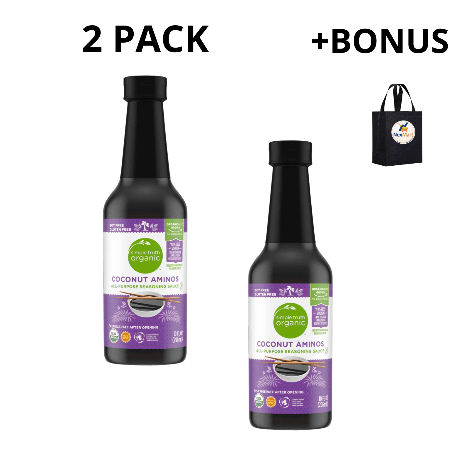 Simple Truth Organic Coconut Aminos All-Purpose Seasoning Sauce, Soy Free, Gluten Free, 40% Less Sodium, 10 fl oz , 2 Pack + Bonus