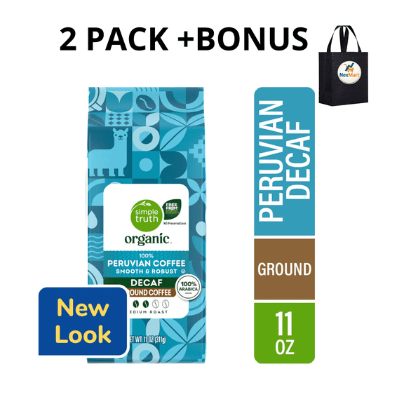 Simple Truth Organic Decaf 100% Peruvian Medium Roast 100% Arabica Ground Coffee 11 Oz , 2 Pack + Bonus