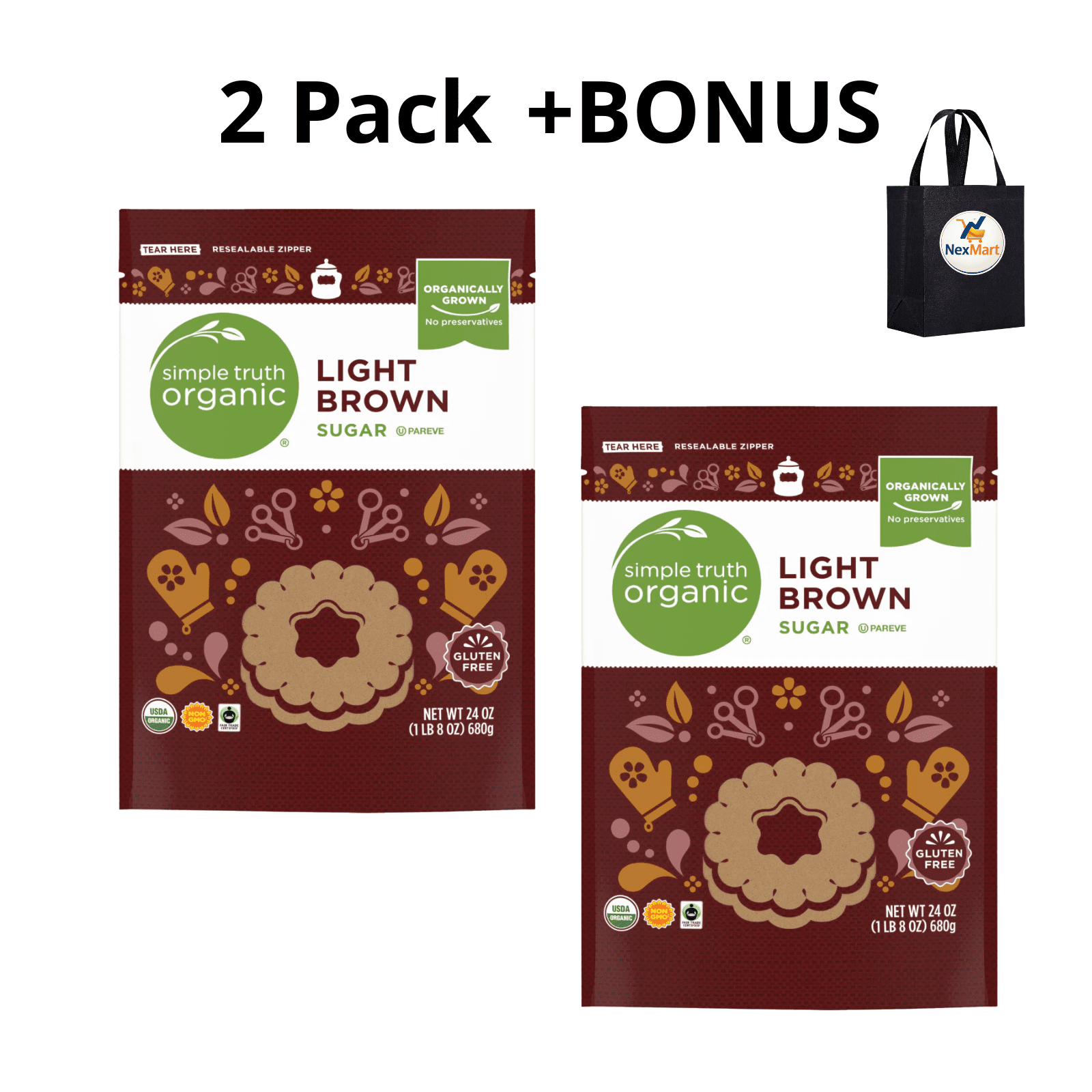 Simple Truth Organic  Light Brown Sugar , 24 oz , 2 Pack + Bonus