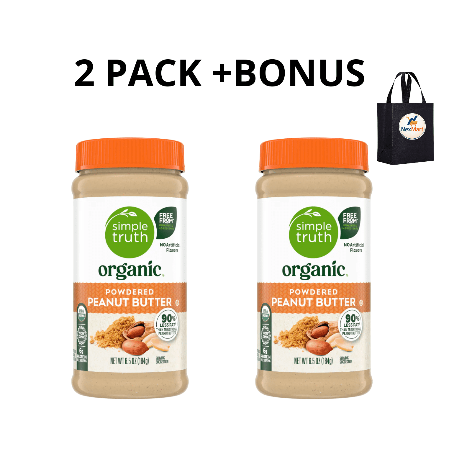 Simple Truth Organic Powdered Peanut Butter 90% Less Fat 6.5 Oz , 2 Pack + Bonus