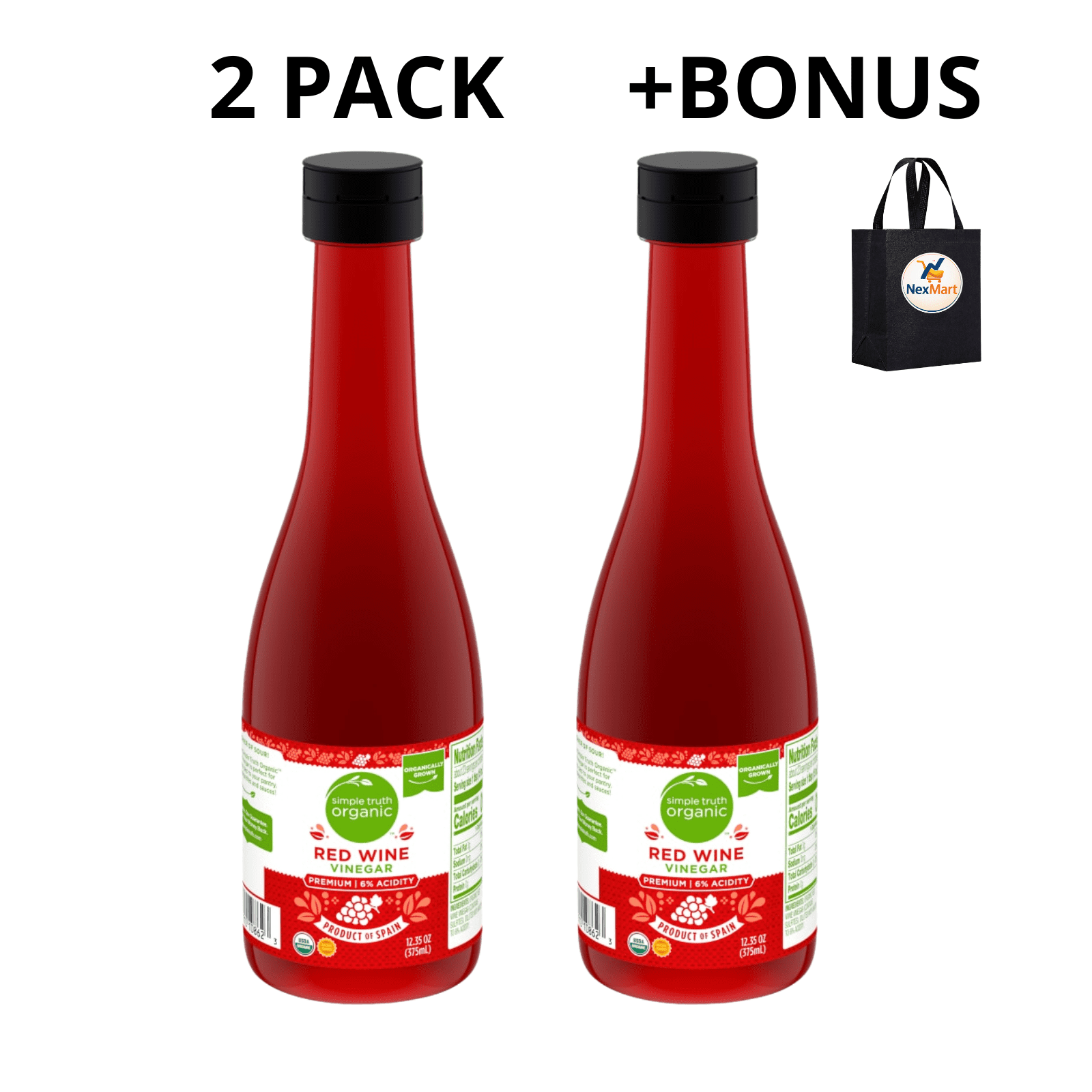 Simple Truth Organic Red Wine Vinegar Premium 6% Acidity 12.35 oz (375mL) , 2 Pack + Bonus