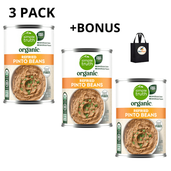 Simple Truth Organic Refried Pinto Beans, Non-GMO, No Artificial Colors or Flavors, Excellent Source of Fiber, 16 oz , 3 Pack + Bonus