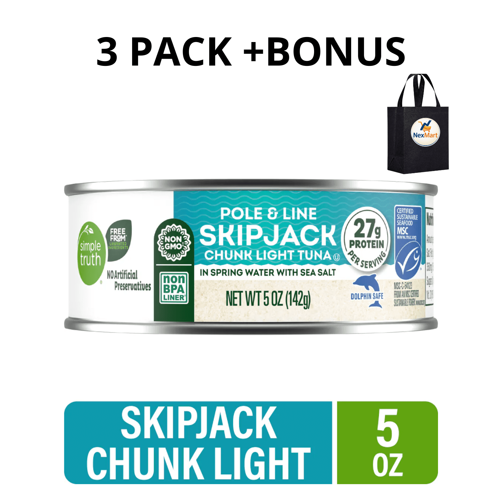 Simple Truth Pole and Line Skipjack Chunk Light Tuna in Spring Water with Sea Salt, 5 oz , 3 Pack + Bonus