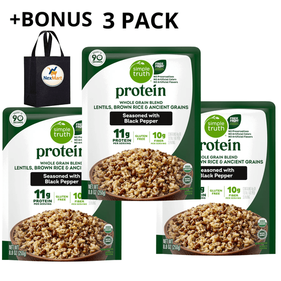Simple Truth Protein Black Pepper Lentils Brown Rice and Ancient Grains Whole Grain Blend 8.8 oz , 3 Pack + Bonus