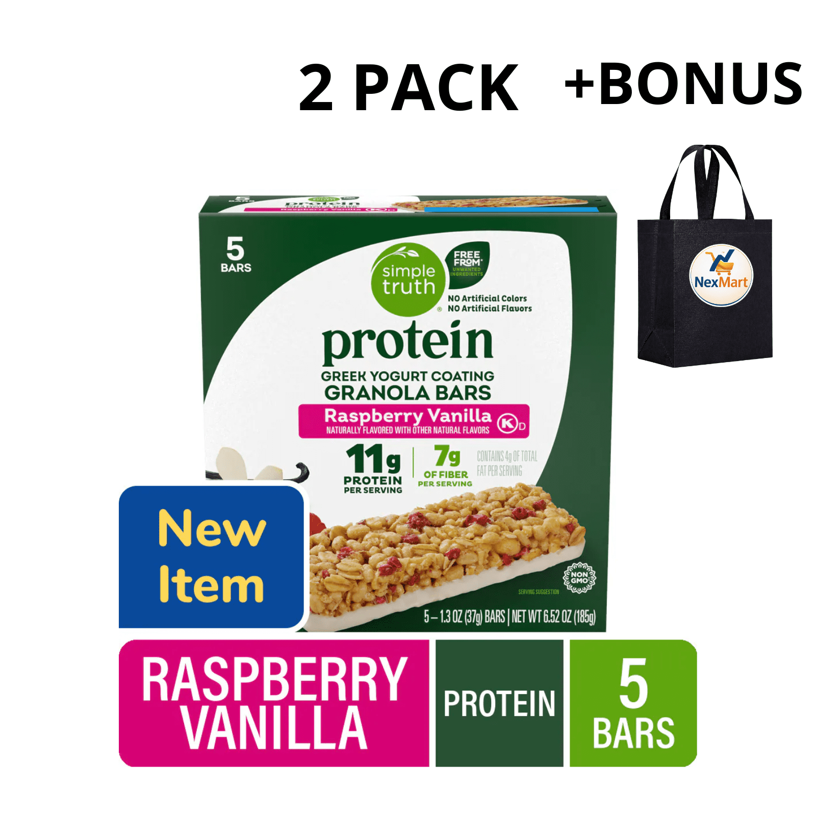 Simple Truth Protein Greek Yogurt Coating Raspberry Vanilla Granola Bars, 6.52 oz  , 2 Pack + Bonus