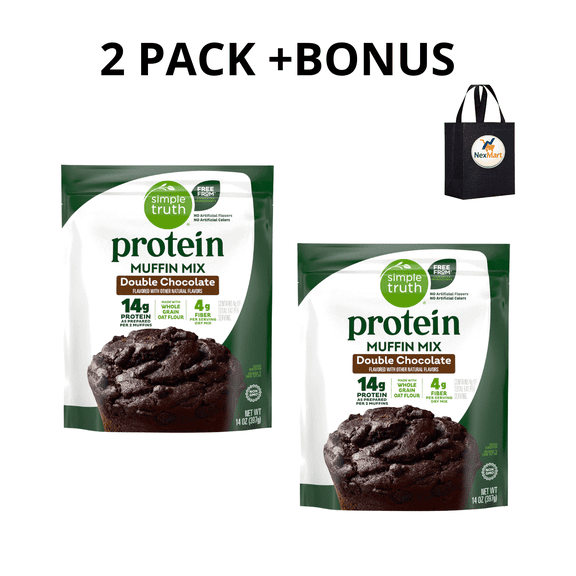Simple Truth Protein Muffin Mix Double Chocolate Whole Grain Oat Flour Non-GMO 14 oz , 2 Pack + Bonus