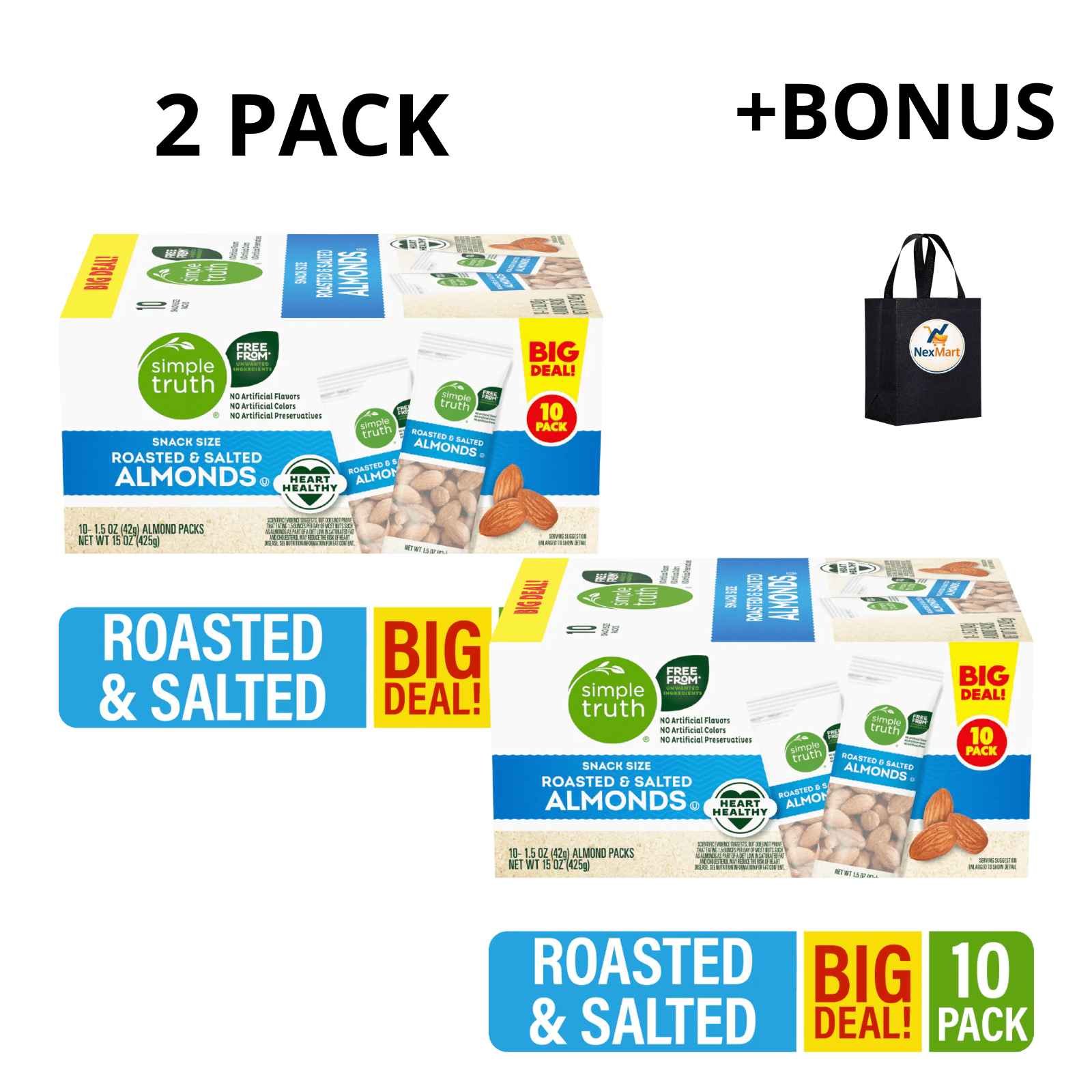 Simple Truth Roasted and Salted Almonds Snack Size BIG DEAL! 15 oz , 2 Boxes of 10 Individual Packs
