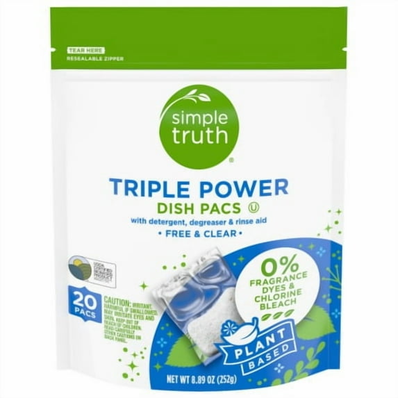 Simple Truth Triple Power Free & Clear Dishwasher Detergent Pacs - 20 ct