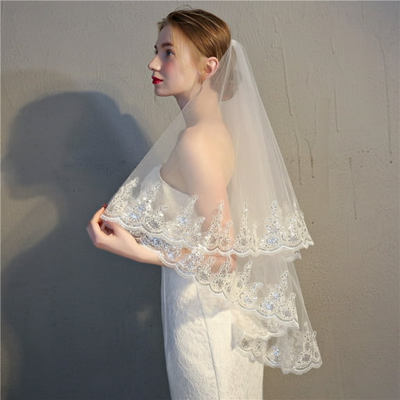Simple Two-layer Sequined Lace Wedding Veil Short Cathedral Bridal Veil with Comb(,Two-layer Hair Comb)