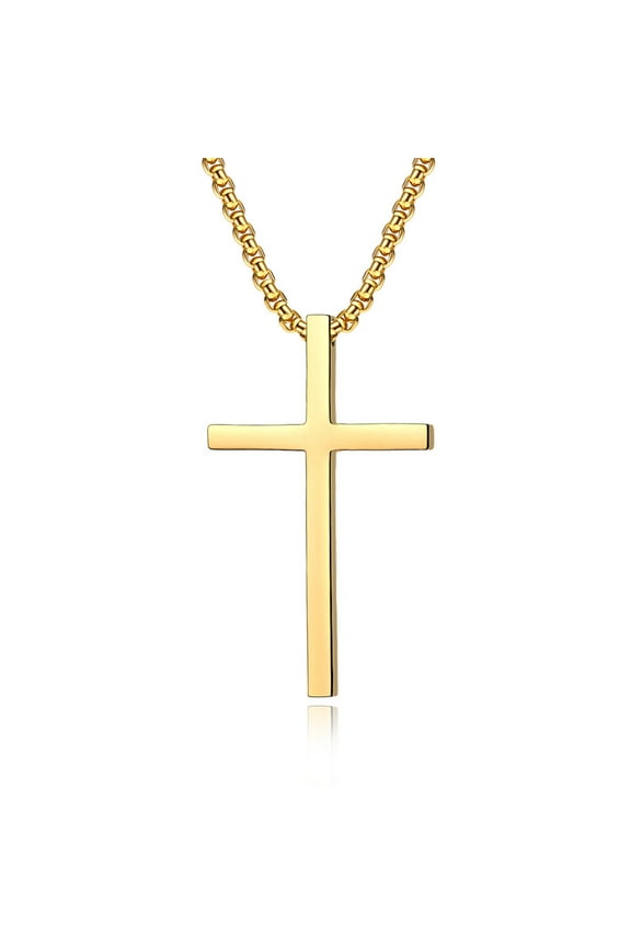 Simple Unisex Cross Necklaces, Basic 14K Yellow Gold Cross Pendant for Women Men,Christ Prayer Collar, Adjustable Box Chain