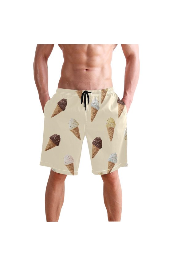 Simple Vector Ice Cream Beige Background Men's Swim Trunks Beach Shorts Bathing Bottoms M