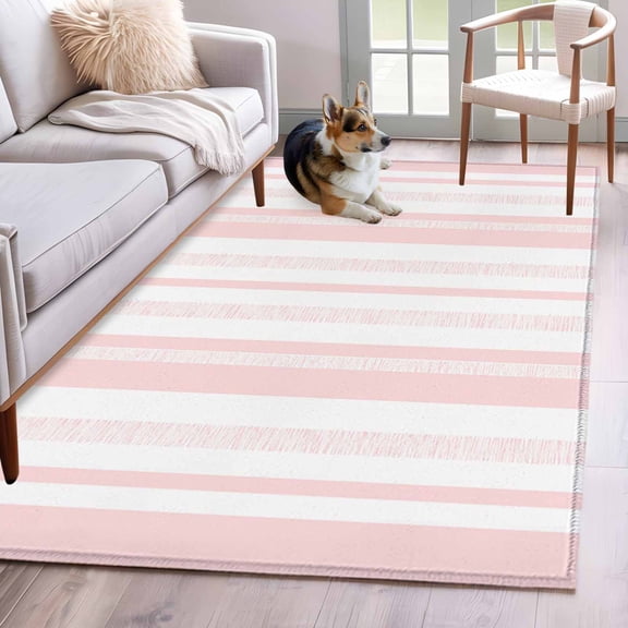 Simple Vertical Stripes Area Rug 3x5 FT, Non Slip Entryway Bedside Carpet, Modern Minimalist Lines Pink Washable Soft Floor Carpet Indoor Mat Non-Shedding Throw Rug for Dorm Kitchen Home Office