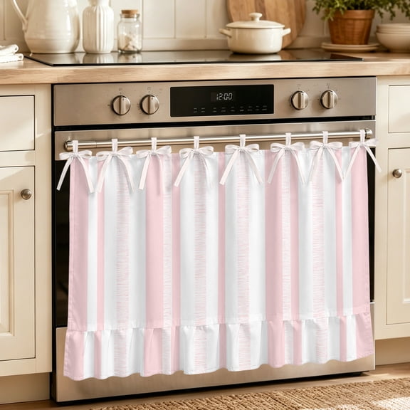 Simple Vertical Stripes Oven Skirt for Farmhouse Kitchen Décor, Modern Minimalist Lines Pink Oven Curtain Tie Top Decorative Stove Skirt, Cabinet Dish Washer Curtains with 8 Ribbon Ties 27"x20"