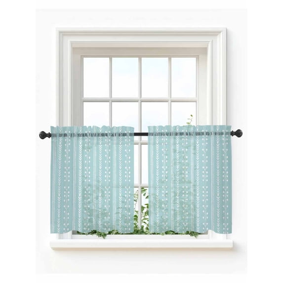 Simple Vertical Stripes Tier Curtains 24 Inch Length,Sheer Curtains for Bedroom Living Room Summer Coastal Lines Style Blue Green Short Kitchen Curtains for Small Half Window 27.5"x24" 2 Panels