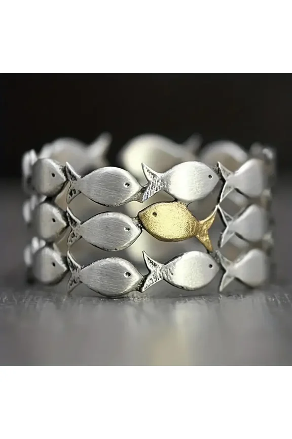 Simple Vintage Hollow Fish Shape Finger Ring Women's Gothic Silver Plated Open Adjustable Ring Party Jewelry