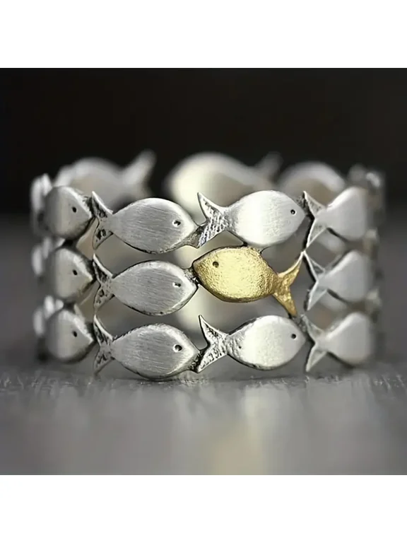 Simple Vintage Hollow Fish Shape Finger Ring Women's Gothic Silver Plated Open Adjustable Ring Party Jewelry
