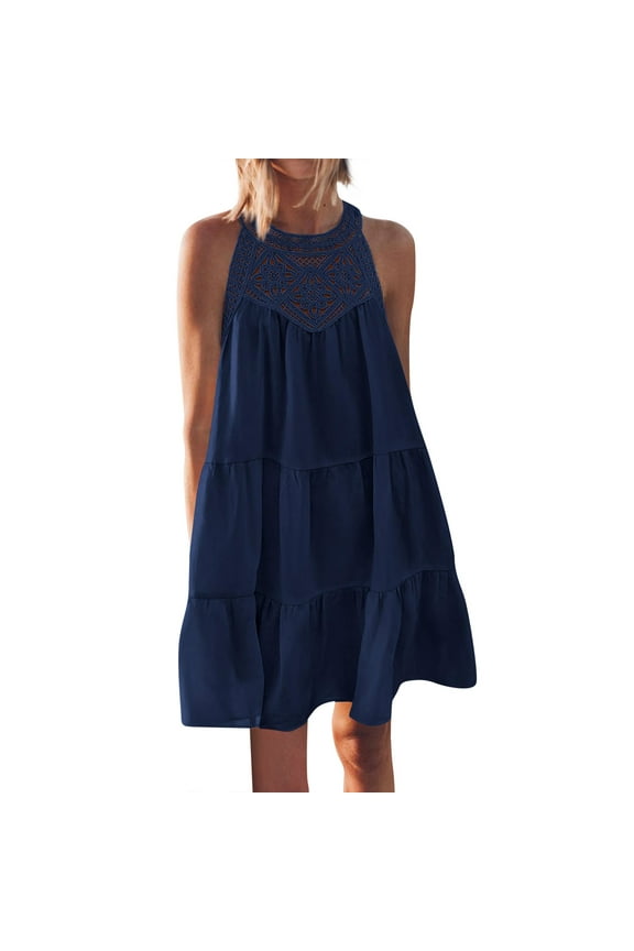 Simple Wedding Dress, Halter Mini Cutout Casual Sleeveless A Line Tank Beach Vacation Boho Sundress Maxi For Women 2025 Birthday Dresses Elegant Dresses Modest Dresses Work (S, Navy) ZMTing