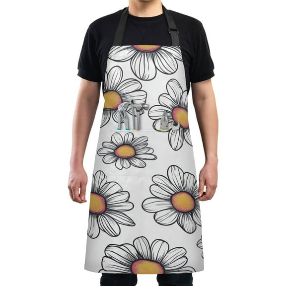 Simple White Daisy Chef Kitchen Apron with Pockets for Women Waterproof Aprons for Cooking Baking