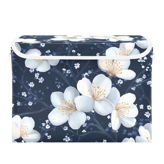 Simple White Flowers Large Storage Bins with Linen Collapsible Lid Storage Box 16.7 x 12.6 x 11.8in