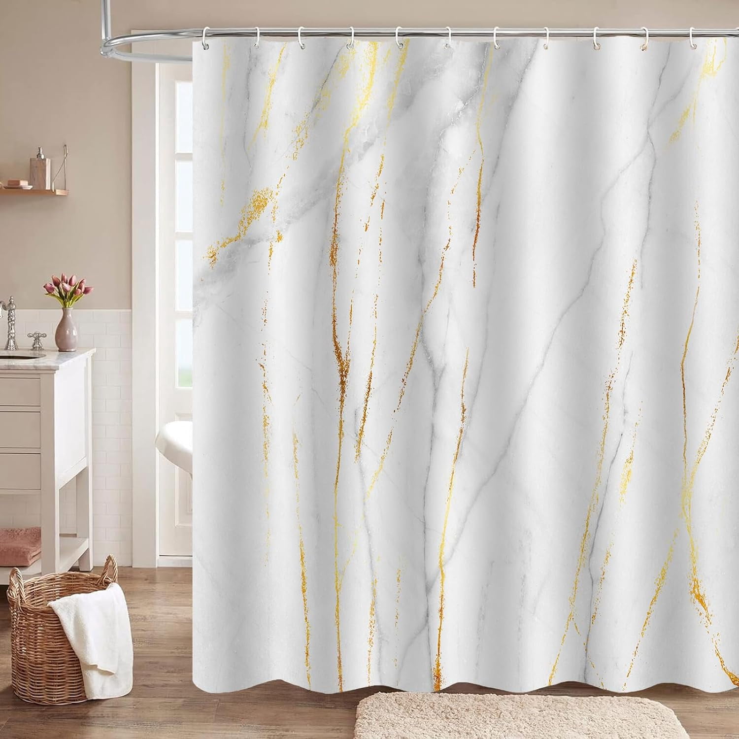 Simple White Golden Marble Bathroom Shower Curtains Set,Luxury Bath ...