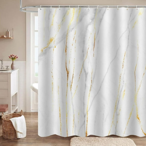 Simple White Golden Marble Bathroom Shower Curtains Set,Luxury Bath Curtain Sets with 12Hooks 72X72In,Waterproof Fabric